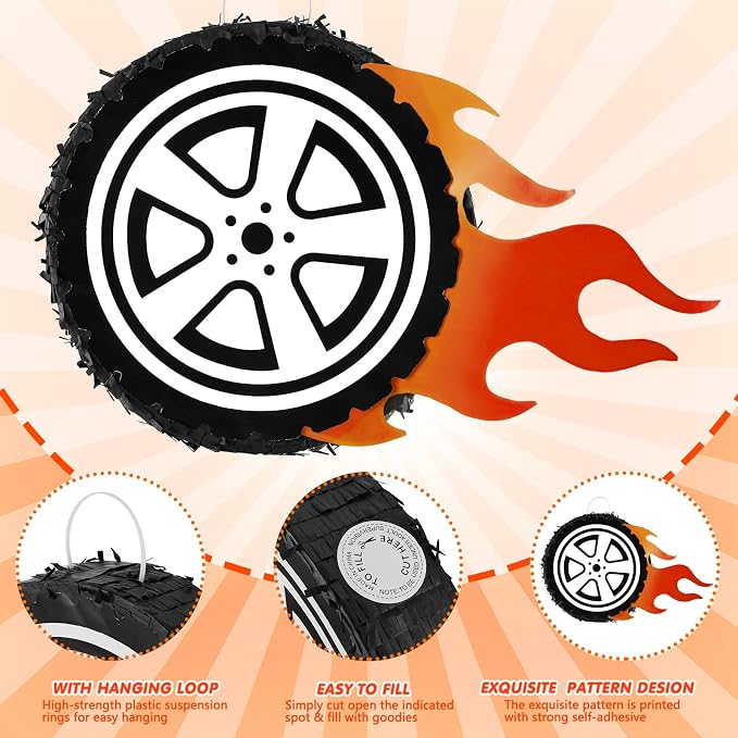 Car Wheel Pinata Race Car Birthday Party Supplies 12.9 Inch Car Theme Party Decorations for Baby Shower, Bridal Shower, Race Car Theme Party