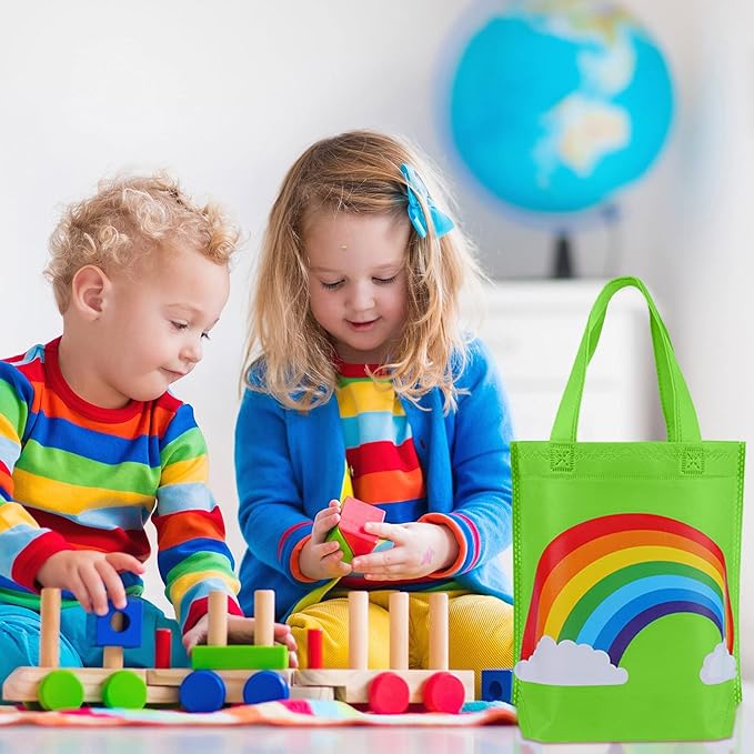 Aodaer 24 Pieces Rainbow Non-woven Gift Bags 9.8×9.8×3.1 Inch Party Favor Bags Reusable Goodie Bags Tote Treat Bags with Handles for Kids Birthday Wedding Party