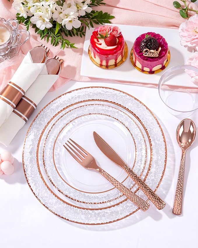 Ciaell 350PCS Rose Gold Plastic Plates - Clear Rose Gold Disposable Plates with Plastic Silverware include 100Plates, 150Silverware, 50Cups, 50Napkins for Wedding & Party & Mother's Day