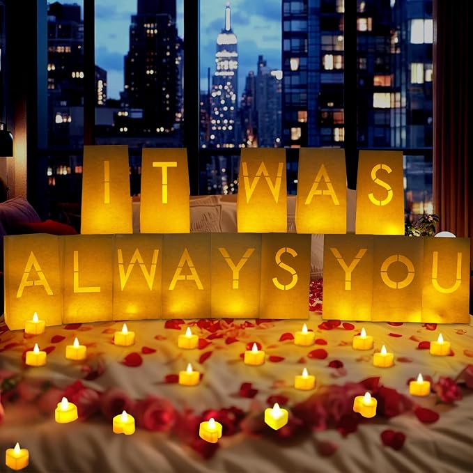 Valentines Day Decorations - It was Always You Light Up Letters Luminary Bags, Romantic Decorations Special Night with Bright LED Candles and Fake Rose Petals, Engagement Party & Proposal Decor kit