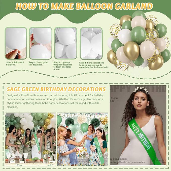 Birthday Decorations Set, Sage Green Party Decoration with Sage Green Balloons, Banner, Pom Poms, Fringe Curtain Background, Birthday Crown, Shoulder Strap for Girls Women Boho Party Supplies