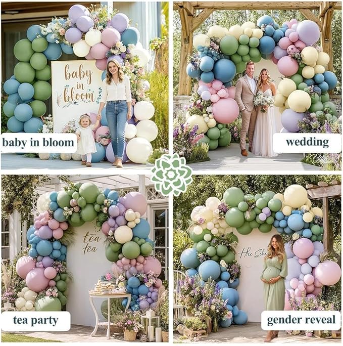 Blue Green Pink Balloon Garland Double Stuffed Sage Green Dusty Blue Pink Purple Lavender Balloons Pastel Balloon Arch Kit for Birthday Baby Shower Gender Reveal Flower Tea Party Decorations