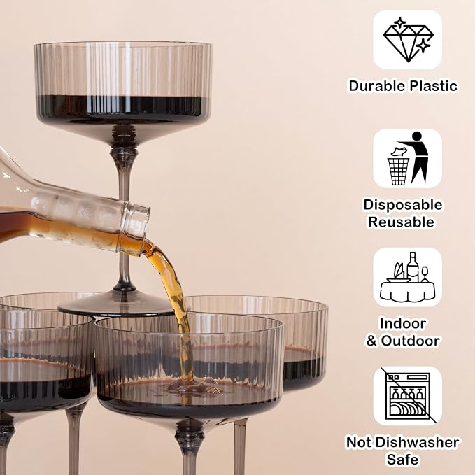 LIYH 20 Pcs Plastic Martini Glasses 10 Oz Clear Black Disposable Martini Glasses Cocktail Coupe Plastic Champagne Tower Disposable Wine Cups Perfect for Bar Cocktails Parties Wedding