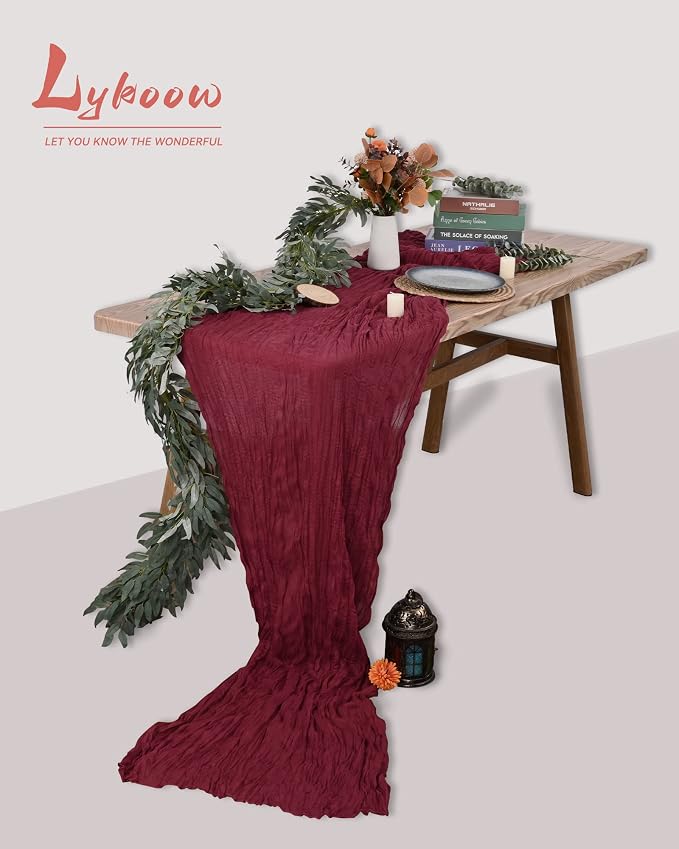 10 Packs Burgundy Cheesecloth Table Runner,10Ft x 35" Wine Red Rustic Gauze Boho Wedding Table Runner Decoration, Wedding Table Decor Table Cloth for Wedding Party Bridal Shower Table