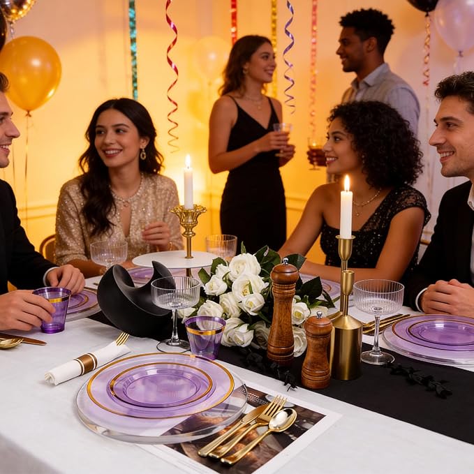 N9R 350PCS Purple Plastic Dinnerware Set for 50 Guests, Gold Disposable Plates for Party, Include: 100 Plastic Plates, 50 Pre Rolled Napkins with Silverware and 50 Cups
