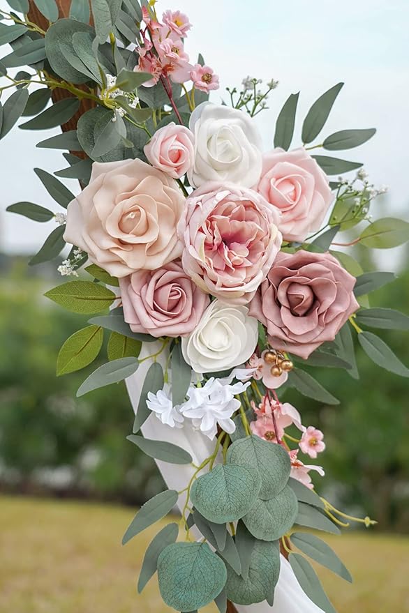 PONATIA Small Wedding Arch Flowers (Pack of 2), Artificial Dusty Rose Flowers for Wedding Welcome Signs Decorations and Arch Flower For Wedding Ceremony Reception (Dusty Rose & Blush)