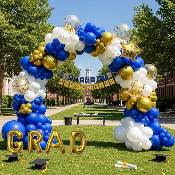 Graduation Balloon Arch Kit - 128Pcs Blue White and Gold Balloon Garland with 16" GRAD Letters, Star Foil and Confetti Balloons for Class of 2026 Grad Prom College Party Decorations