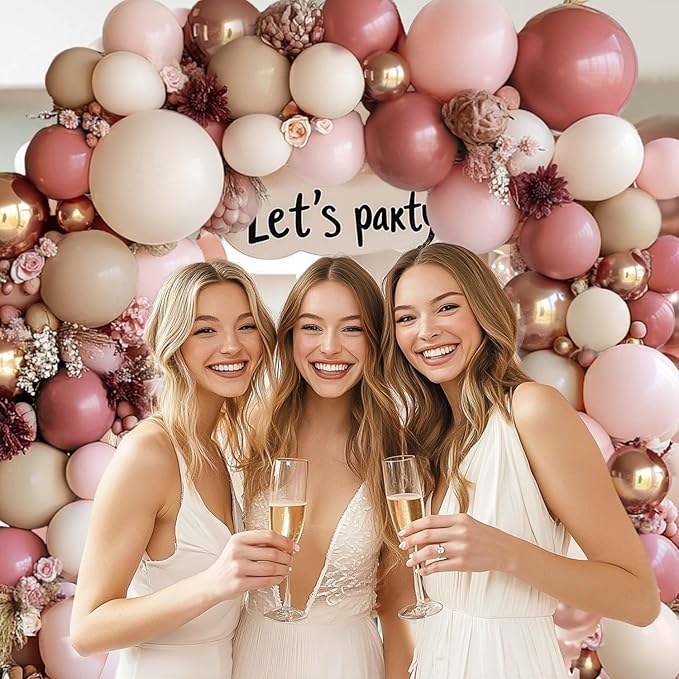 Dusty Pink Brown Ivory Balloons Arch Kit, Double Stuffed Rose Metallic Gold Cream Pastel And Dusty Blush Pink Balloons for Weddings Birthdays Boho Elegant Party Decoration