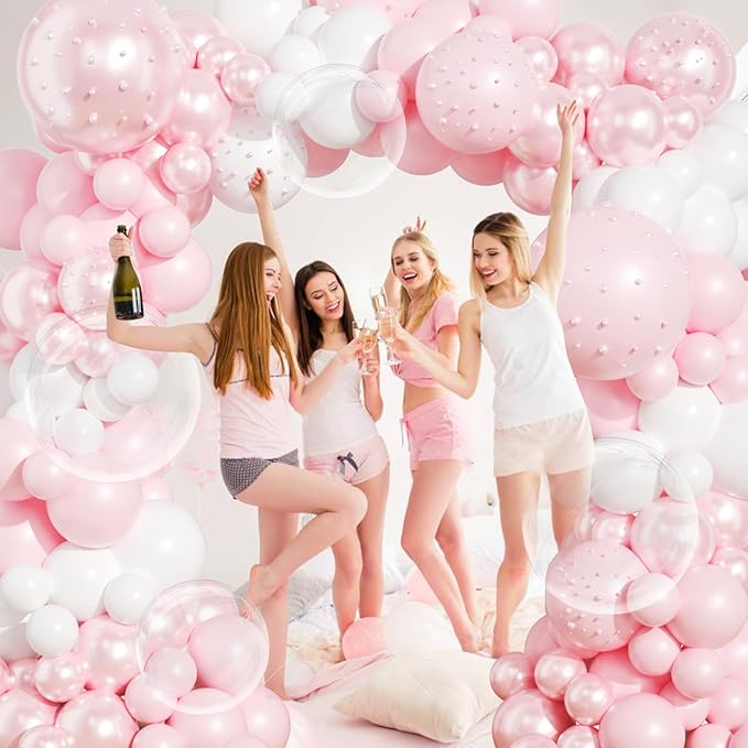 Pink Balloon Arch Kit 177Pcs Pink and White Balloon Arch Kit with Clear Double Stuffed Pearl Pink Balloons Pearl Stickers for Wedding Birthday Bridal Shower Engagement Baby Shower Party Decorations