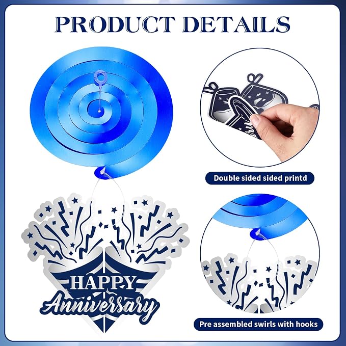 Happy Anniversary Decorations Kit Blue Silver Happy Anniversary Banner Honeycomb Centerpieces Hanging Swirls Tissue Paper Pompoms Set for Men Women Couple Wedding Anniversary Party Supplies Decor