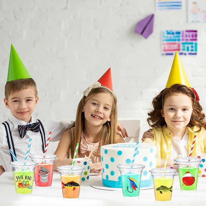 Qinyoung 60 Sets Watercolor Gone Fishing Party Cups with Lids and Paper Straws 14 oz Disposable Clear Plastic Cups Bulk for Gone Fishing Birthday Party Favor Supplies Decorations