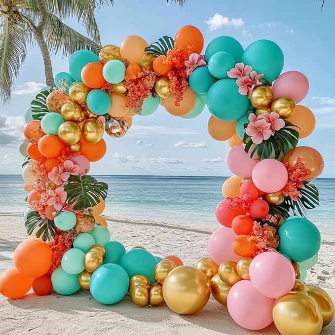 Pinbra Pastel Balloons Garland Kit Coral Pink Teal Blue Balloons Double Stuffed Light Green Orange Gold Metallic Latex Arch for Tropical Hawaii Luau Birthday Baby Shower Easter Party Decorations