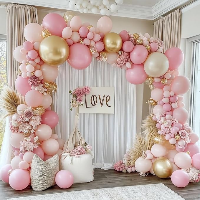 Pink White Gold Balloon Garland Double Stuffed Light Baby Pink Balloons Sand White Gold Balloon Arch Kit for Valentine Mother's Day Girl's Birthday Baby Shower Wedding Party Decorations