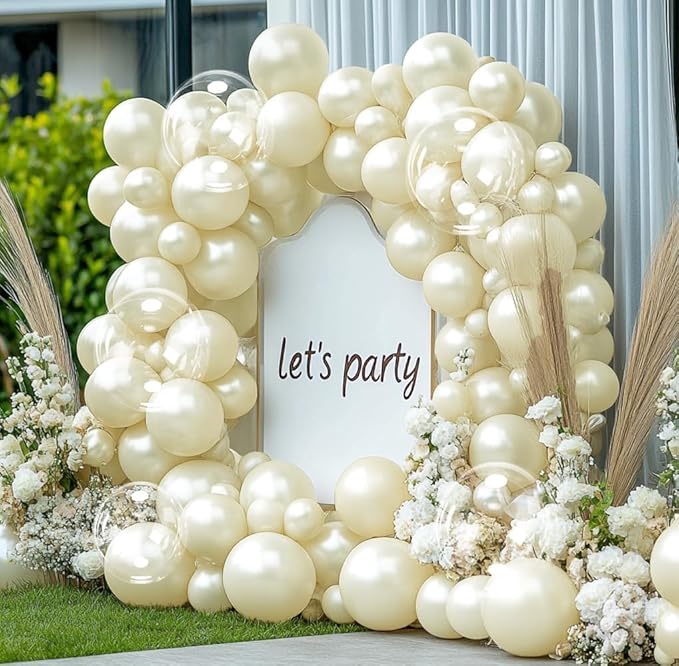 Pearl Ivory White Balloon Arch Double Stuffed Pastel White Ivory Cream Beige Balloon Garland Kit Different Sizes With Clear Balloons for Birthday Wedding Bridal Baby Shower Mothers Day Party Decor