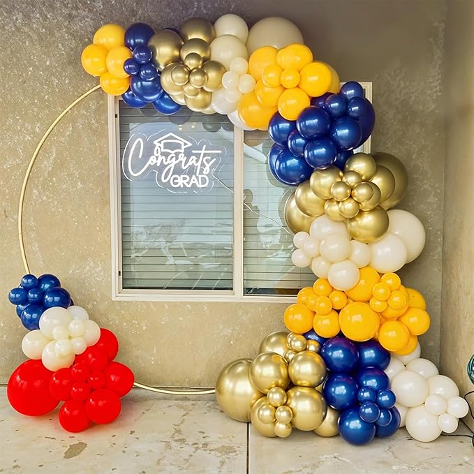 Graduation Balloon Arch Kit, 120pcs Red Retro Navy Blue Yellow White Sand Metallic Gold Baseball Balloon Arch Garland for 2025 Graduation Birthday Boys Sports Football Baby Shower Party Decorations