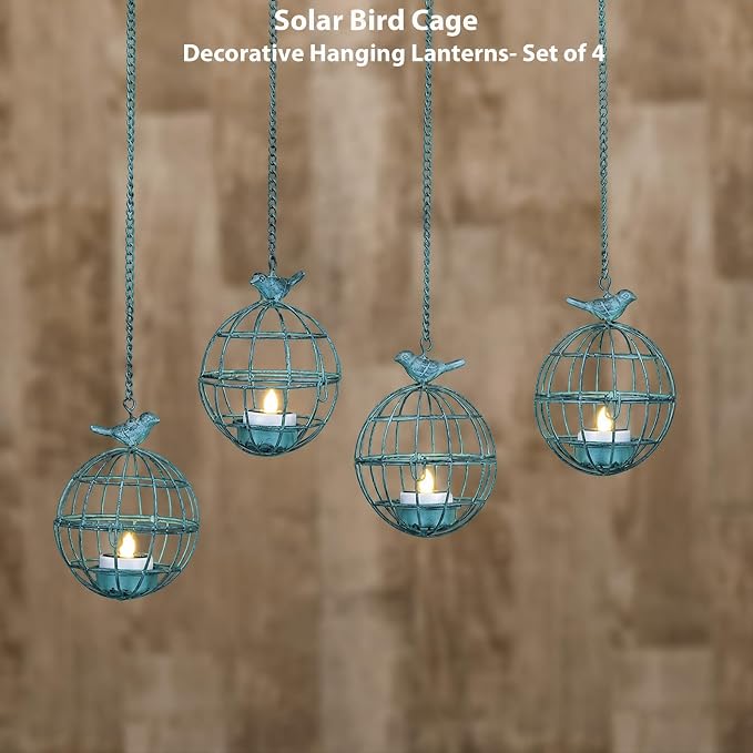 Outdoor Solar Hanging Lantern Lights, 4 Pack Rustic Ball Birdcage Hanging Candle Holder with Solar Tea Lights, Waterproof Chandelier for Tree, Pergola, Patio Decor (Vintage Blue)