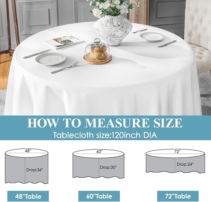 VidaFete 6 Pack 120inch Round Tablecloth Polyester Table Cloth, Stain Resistant and Wrinkle Polyester Dining Table Cover for Kitchen Dinning Party Wedding Rectangular Tabletop Buffet Decoration(White)