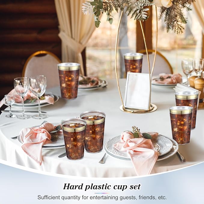 Sliner 50 Pcs Hard Plastic Cups Double Rimmed Plastic Cups Heavy Duty Fancy Wine Glasses for Holiday Christmas New Year Winter Birthday Party Supplies(14 Oz,Gold)
