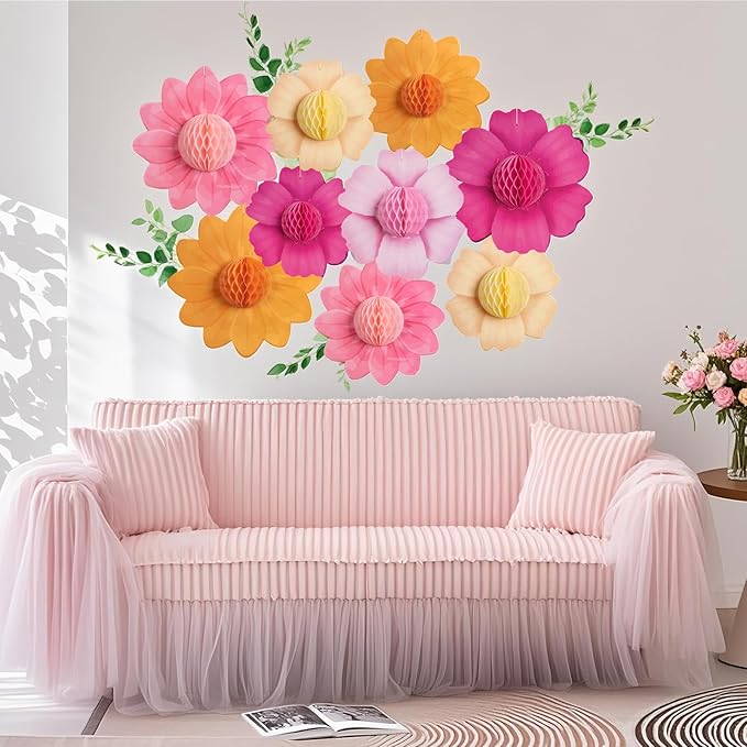 Paper Jazz Hanging Paper Flower Sunflower Honeycomb Party Decoration Pink Orange Spring Garden Themed Summer Party Supplies Large Paper Flower for Wall for Tea Party Baby Shower Wedding.