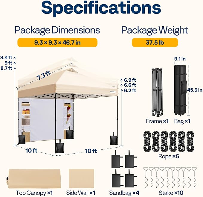 VIVOHOME 10x10ft Pop Up Canopy Tent with Sidewall and 6 Pockets, One Push Setup Outdoor Portable Shelter Tent Heavy Duty with Wheel Carry Bag and 4 Sandbags, Beige