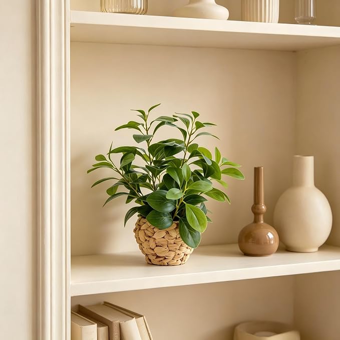 AlphaAcc 15.7" Artificial Fig Leaf Plant in Water Hyacinth Basket - Faux Ficus Greenery for Desk, Office & Boho Decor