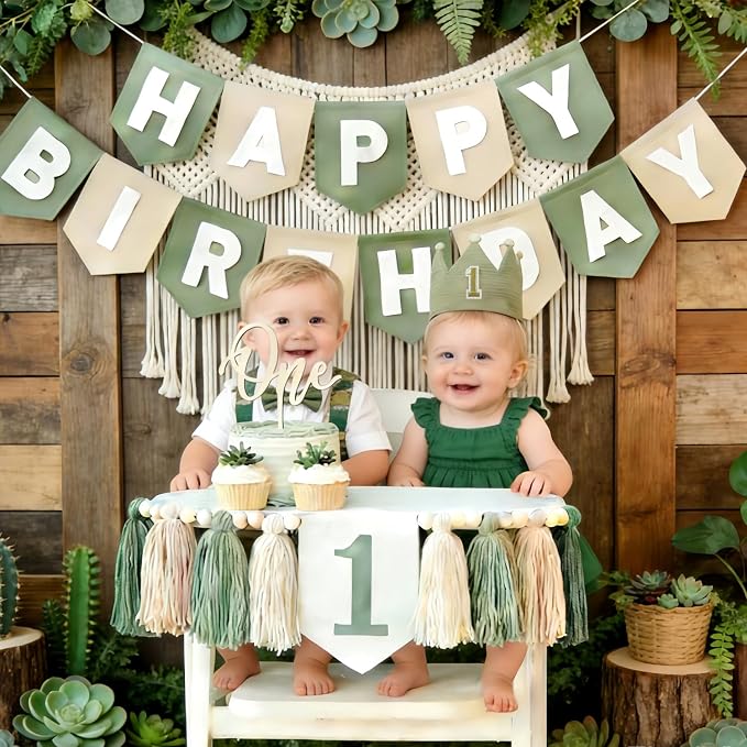 Sage Green 1st Birthday High Chair Decorations- First Birthday Banner Wild One Highchair banner 1st birthday boy with Tassels, Crown & One Cake Topper, Boho 1st Birthday Party Supplies photo props