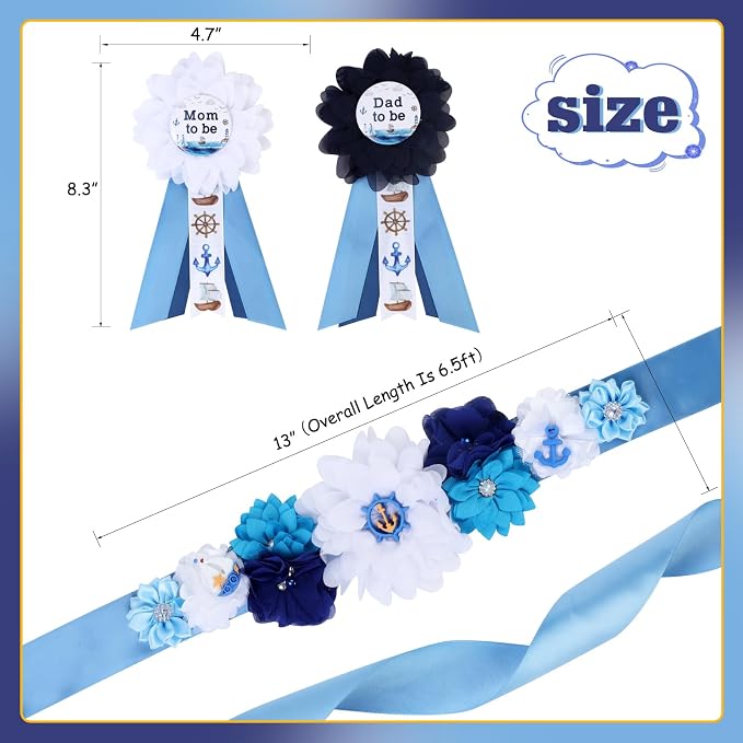 Nautical Baby Shower Maternity Sash Kit - Blue Ahoy NauticalmBaby Shower Belly Belt and Mom to Be & Dad to Be Corsage Pins, Pregnancy New Parents Photo Props Ocean Theme Party Supplies