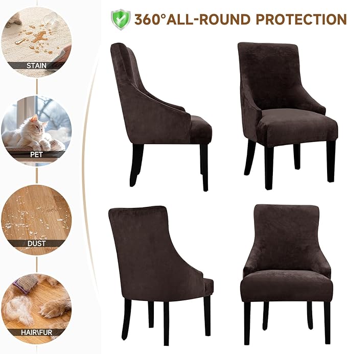 Velvet Wingback Dining Chair Cover Soft Stretch Accent Chair Cover Slipcover Thick Plush Wing Back Chairs Covers Furniture Protect Washable Chairs Protector Covers for Dining Room (Dark Brown, 2)