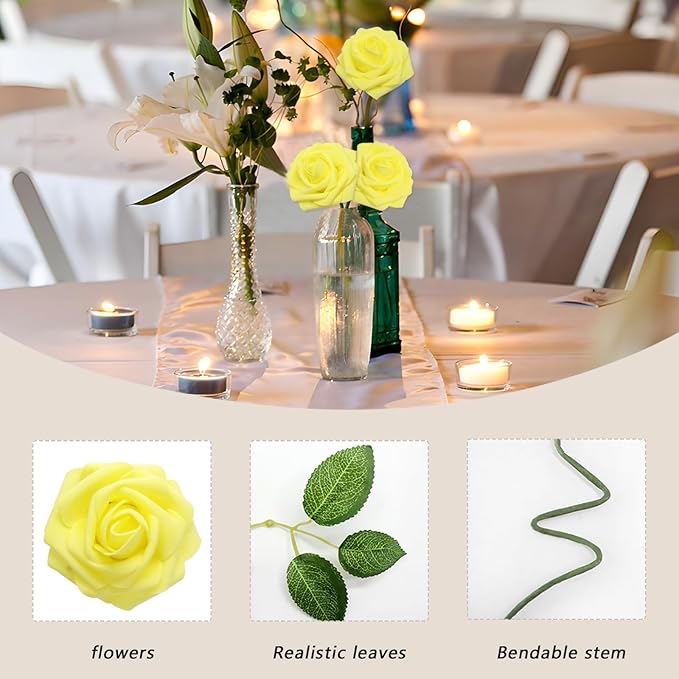 100PCS Yellow Artificial Flowers Roses Real Looking Foam Fake Roses with Leaves and for DIY Wedding Bouquets Bridal Shower Centerpieces Party Decorations (Yellow, 100)