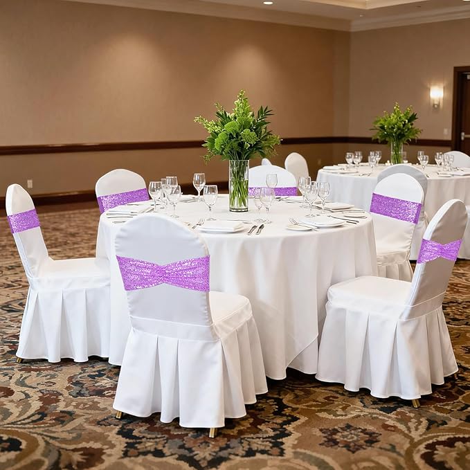SquarePie 50 Pcs Sequin Chair Sashes Lavender Sequin Sashes Bands Decorative Ties for Wedding Party Festive Chair Cover Decor