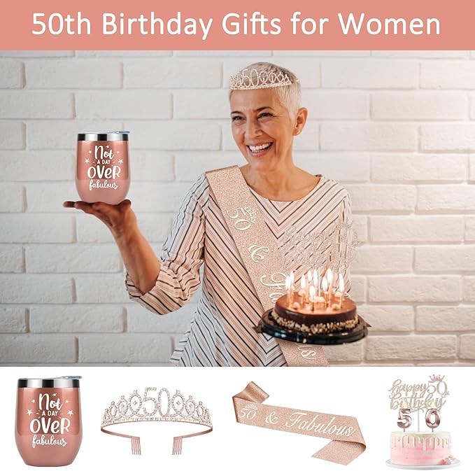 50th Birthday Decorations for Women with 12oz Tumbler/Mug Wine or Coffee, 50th Birthday Sash and Crown, Cake Topper and Candles, 50 Year Old Gifts Idea Rose Gold