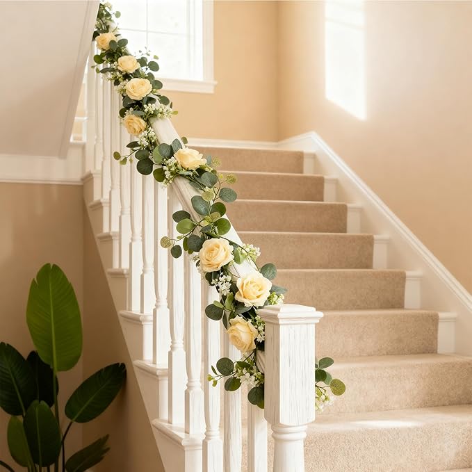 2 Pack 5.9 FT Artificial Flower Garland with Lights, Fake Floral Garland with 12 Champagne Roses, White Flower Decorations for Arch Table Centerpieces Backdrop Party Home Wedding Decorations