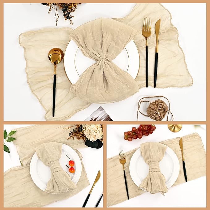 60 PCS Beige Gauze Cheesecloth Napkins,20x20 Inch Gauze Napkin Rustic Wrinkled Cheesecloth Napkin Bulk Washable Dinner Table Napkins for Wedding Party Bridal Shower Baby Shower Events Decor