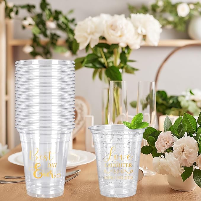 FYSUIMU 120Pcs Wedding Plastic Cups 12Oz Gold Mr and Mrs Disposable Clear Drinking Cups for Wedding Bride Shower Party Supplies, 4 Designs