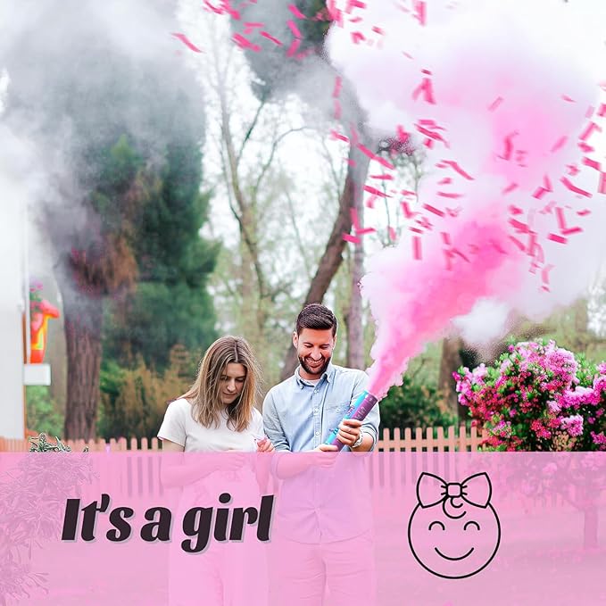 6Pack pink Gender Reveal Confetti smoke Powder Cannon, Confetti and Powder Poppers | Ideal for Baby girl Gender Reveal Decoration and party