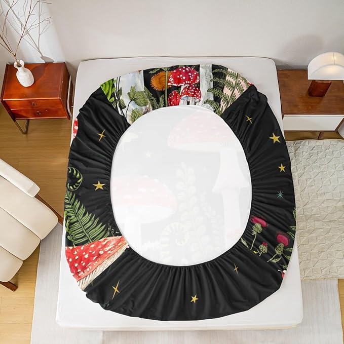 Castle Fairy Red Mushroom Bed Sheet Set for Kids,Magical Plant Snail Sheets Set,Jungle Botanical Home Decor Sheet Sets with Deep Pocket,Top Flat Sheet,1 Pillowcase,Twin Size