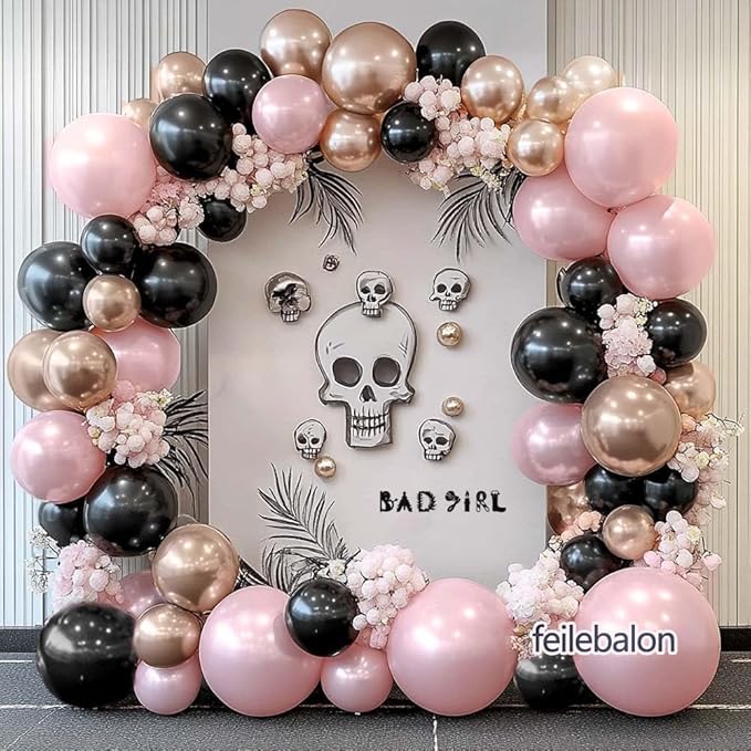 Pink Black Balloon Arch Kit - Double Stuffed Pastel Pearl Baby Pink Balloon Garland with Champagne Rose Gold Balloons for Birthday Bridal Baby Shower Wedding Graduation Party Decoration