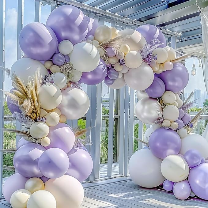 Pastel Purple White Balloon Garland - Double Stuffed Lavender Light Purple Cream Balloon Arch Kit Pearl Lilac White Ivory Color for Birthday Baby Shower Bridal Wedding Butterfly Fairy Party Decor