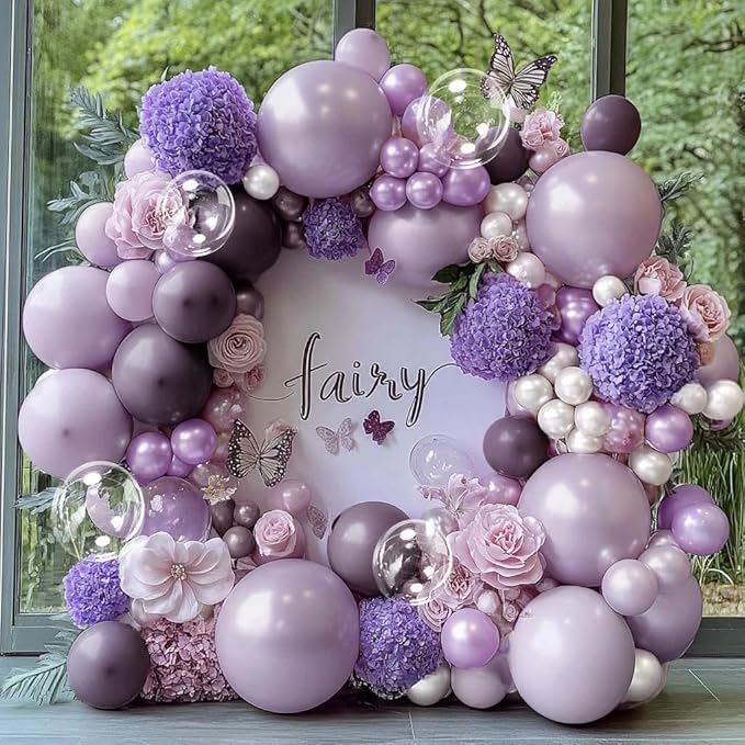 Purple White Balloon Garland Double Stuffed Light White Lilac Balloons Pearl Balloon Arch Kit For Lavender Fairy Birthday Baby Shower Wedding Wild Flower Bridal Shower Party Decor