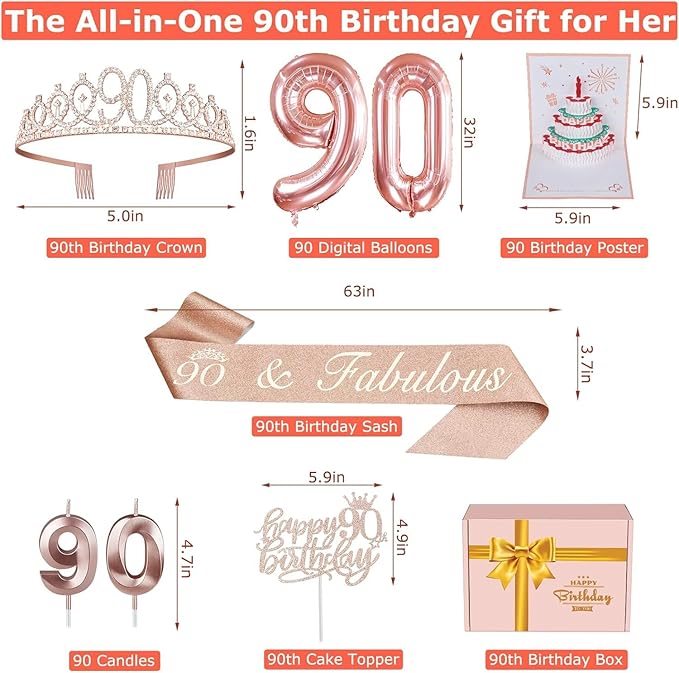 90th Birthday Decorations for Women, Include 90th Birthday Sash and Tiara, Cake Topper and Candles, Number Balloons, 3D Pop Up Greeting Card, 90 Year Old Gifts Women