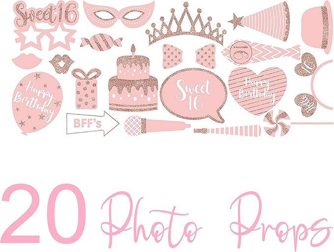 Serves 30,Ultimate Sweet 16 Birthday Party Supplies,Rose Gold Foil Theme,9" Dinner Paper Plates,Cake Topper Photo Props,Ideal for Sweet 16 Birthday Party Celebration Decoration