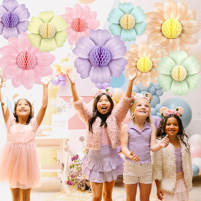 Paper Jazz 9PCS Paper Flowers Party Decorations,Pastel Honeycomb Butterfly Party Decoration,Fairy Birthday Party Decoration for Garden Tea Party Floral Baby Shower.