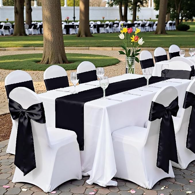 MDS Satin Chair Sashes, 300 Pack, 7”x108” Each, Decorative Chair Bows Ribbon Tie Backs for Wedding Party, Holiday Dinner, Birthday, Reception, Banquet, Hotel & Event Decoration - Black