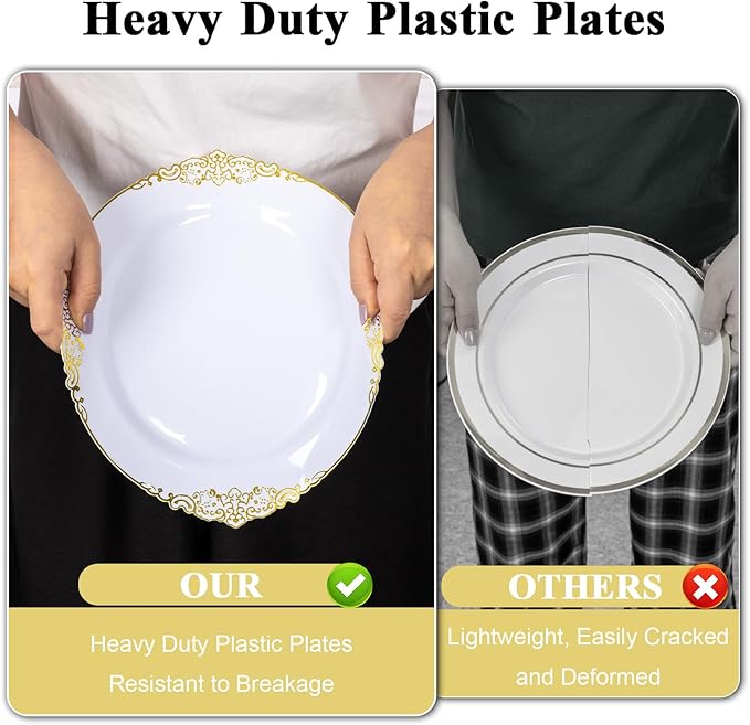 Goodluck 100PCS White and Gold Plastic Plates – 10.25” Heavy Duty Disposable Dinner Plates & Party Plates for Weddings, Parties, Events – Elegant, Sturdy