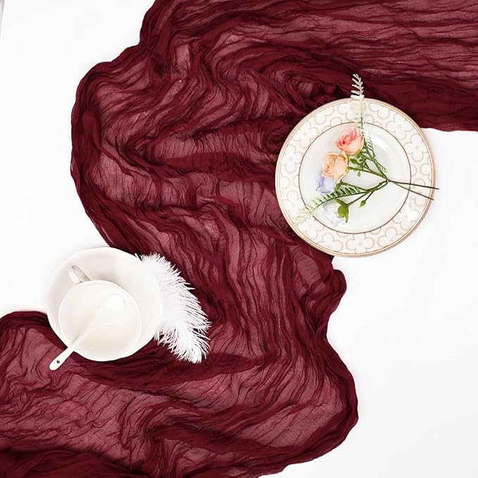 8 Pack Burgundy Cheesecloth Table Runner 10ft Boho Gauze Fabric 120 Inch Cheese Cloth Table Runner Rustic Sheer for Holiday Baby Shower Party Décor Home Wedding Decoration