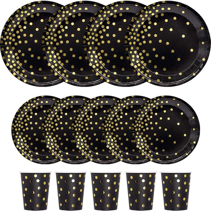 2026 New Years Decorations, 350PCS Black and Gold Party Supplies Disposable Dinnerware Set w/Black Gold Dot Paper Plates Napkins Cups Gold Plastic Fork Knives Spoon for Women Men Birthday Anniversary