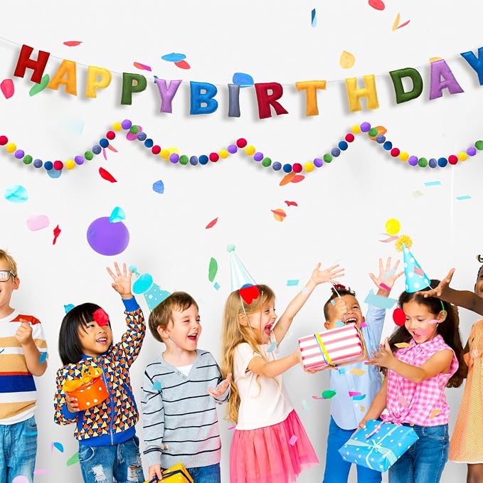 Mindsoft 2 Pcs 9.83ft Pre Strung 3D Happy Birthday Felt Fabric Banner with Ball Garland Reusable Pom Pom Garland for Birthday Party Decorations Sign Photo Prop Boys Girls(Retro Rainbow Color)