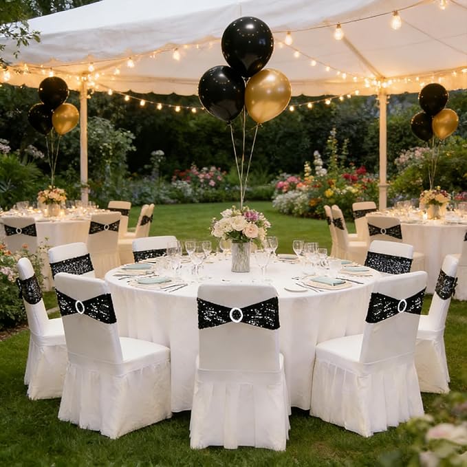 SquarePie Pack of 50 Sequin Chair Sashes Bands Glitter Black Double-Sided Sequins Stretch Chair Cover Bows with Buckle Slider for Wedding Party Fiesta Banquet Decor
