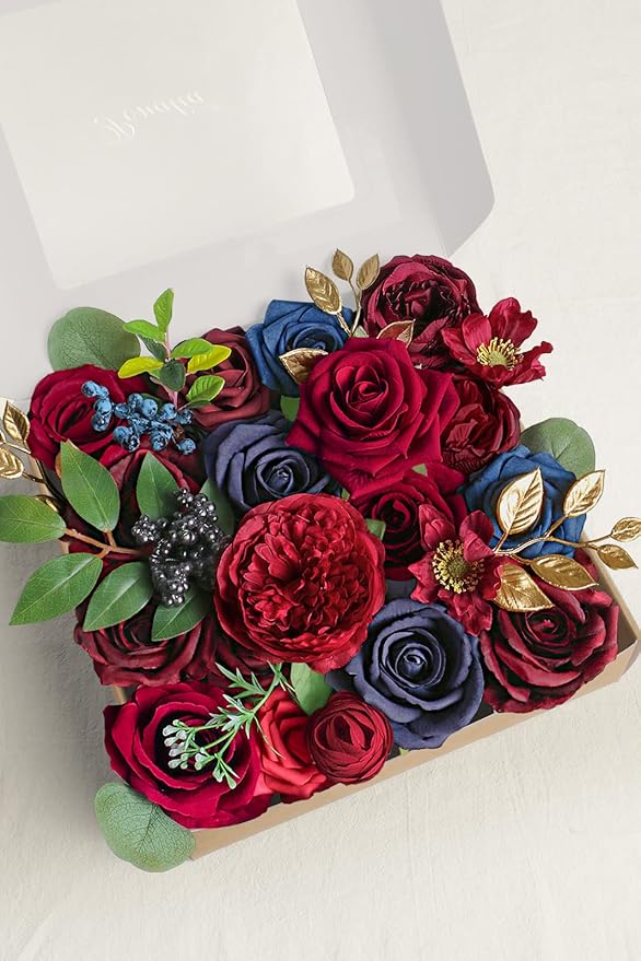 ponatia Artificial Flowers Wedding Flowers Combo for Silk Fake Flowers Roses for DIY Wedding Bouquets Burgundy Centerpieces Arrangements Party Bridal Baby Shower Home Decorations (Burgundy & Navy)