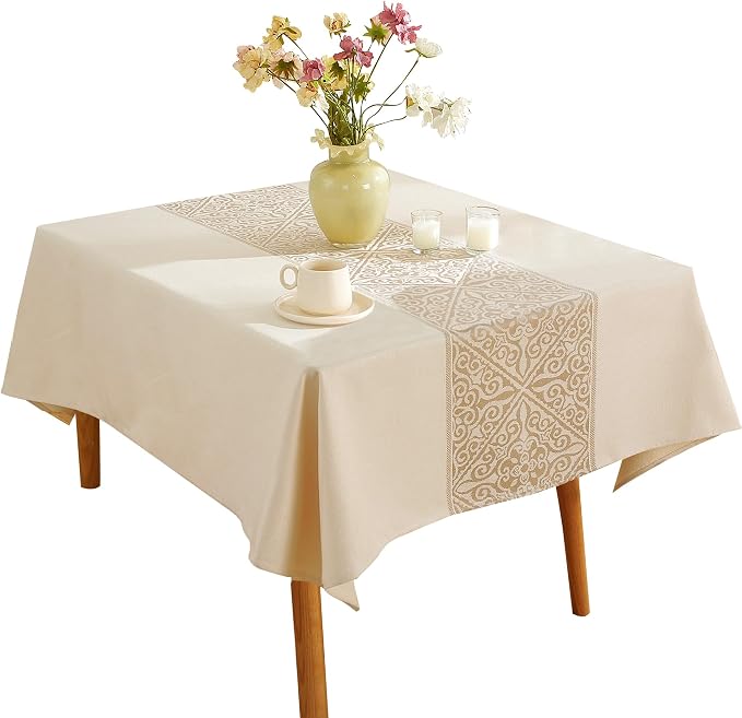 Nordic Beige Round Tablecloth, Premium Drape, Water & Stain Resistant, Elegant Rectangle Table Cover for Dining, Kitchen, Party, Home Decor